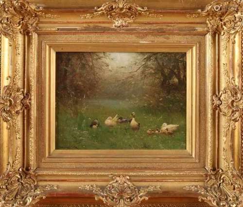 Constant Artz. 1870 - 1951. Duck family in the grass. Oil paint on panel. Size: 25 x 18 cm. In