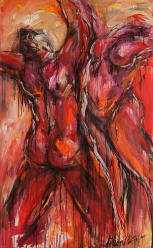 Lilian Luiten. 1944 - 2012 Enschede. Ladies and gentlemen figure naked. Acrylic on linen. Size: