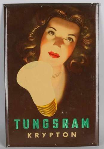 Advertising plate from the 40s - 50s of Tungsram Krypton light bulbs. Laminated on tin. Size: 35.5 x