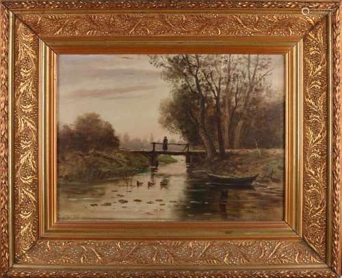 H. Koster? Circa 1900. Landscape with figure and ducks. Oil paint on linen. Size: 40 x 55 cm. In