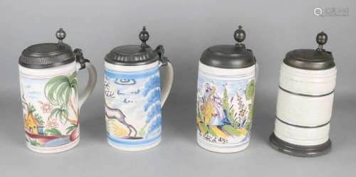 Four old German Fayence beer mugs. Old example. 20th century. Size: H 24 - 25 cm. In good condition.