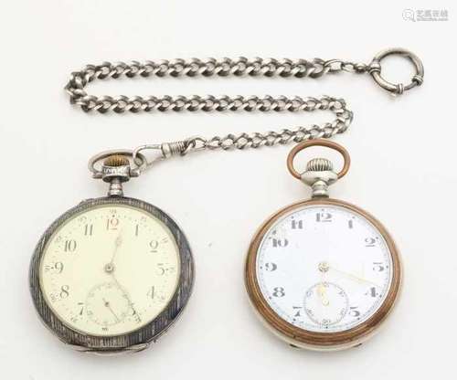 Two silver pocket watches, 800/000, one watch with chain and a case decorated with line pattern, ø51