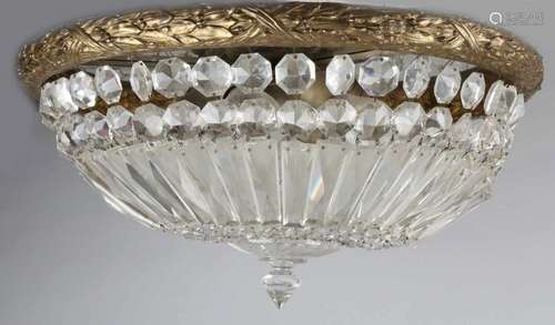 Large ceiling lamp with crystal glass + gilded brass. Circa 1950. Dimensions: ø 55 x 25 cm. In