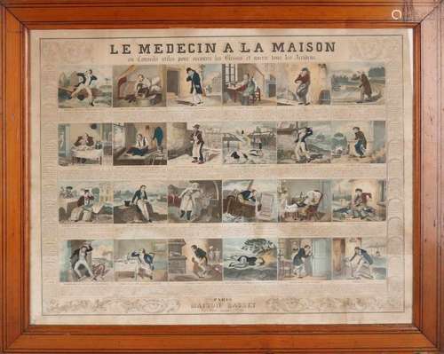 19th Century French colored engraving 'Le Medicin ala Maison'. Moisture spots. Size: 61 x 47 cm.