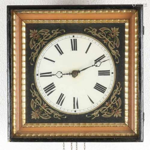 Antique German Black Forest wall clock with back-glass-painting. No weights, no pendulum. Circa