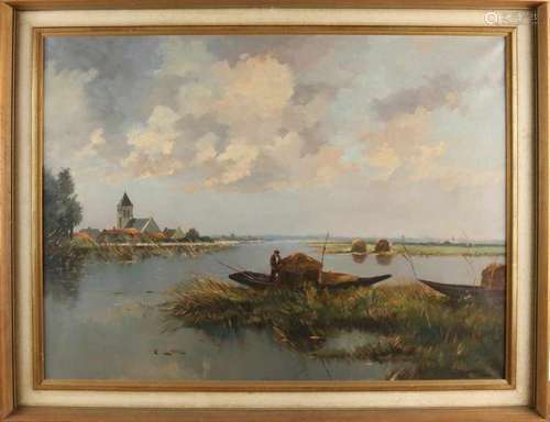 JH Kaemmerer. 1894 - 1970. Polder face with reed cutter. Oil paint on linen. Size: 70 x 90 cm. In