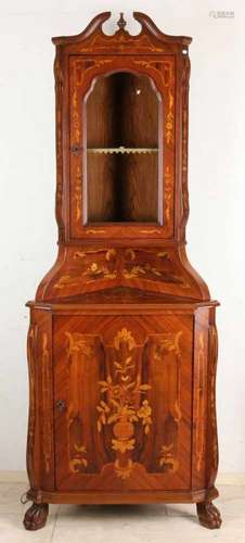 Italian walnut corner cabinet with floral intarsia. Style furniture. Second half of the 20th