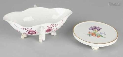 Two parts of German Meissen porcelain. One time coaster with floral decor and gold edge. Circa 1960.