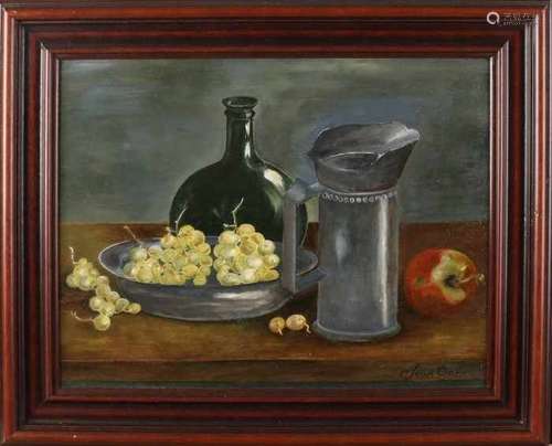 J. van Oosten. Still life with tin and fruit. Oil paint on panel. Size: 40 x 50 cm. In good