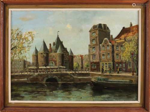 Jan Kelderman. 1914 - 1990. Cityscape Amsterdam with figures. Oil paint on linen. Size: 50 x 70