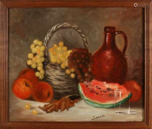 Juanele. Still life with jug and fruit basket. Oil paint on linen. Size: 40 x 50 cm. In good