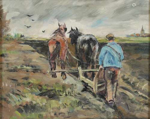 Unclear signed. Farmer behind horse team. Oil paint on panel. Size: 19 x 25 cm. In good condition.