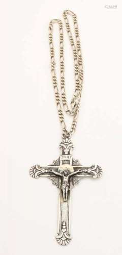 Silver necklace, 925/000, with cross, 800/000. Long figarocollier with a large silver crucifix,