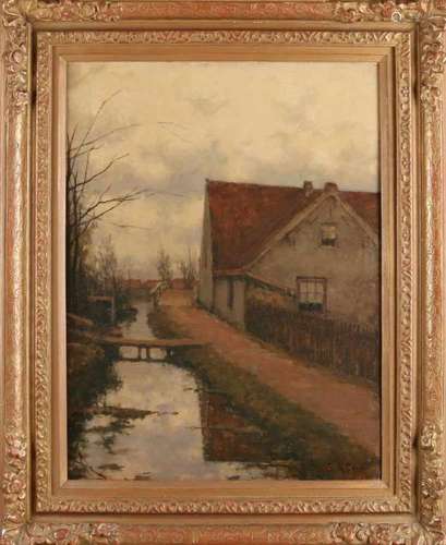 CM Garms. 1863 - 1944. Stream along farm house. Oil paint on linen. Size: 55 x 45 cm. In good