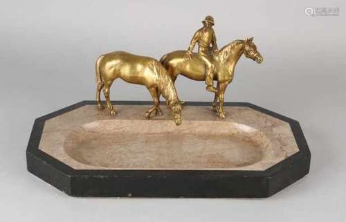 Marble table with bronze horses and rider. Circa 1920. Size: 17 x 35 x 20.5 cm. In good condition.