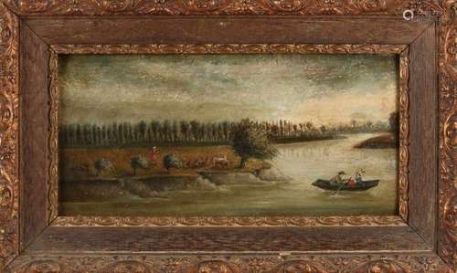 Unsigned. 19th century. River face with figures and cattle. Oil paint on panel. Size: 40 x 20 cm. In