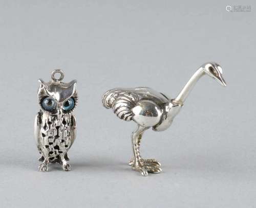 Two silver miniature birds. Owl with blue eyes (hanger) and an ostrich. Size: approximately 2.5 -