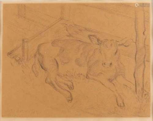 Bull? '42. Calf in stable. Charcoal on paper. Size; 24 x 31 cm. In good condition. Stier? 42. Kalb