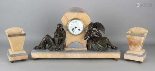 Antique marble French Art Nouveau clock set with pierrot and lady with fan. Circa 1915. Eight-day