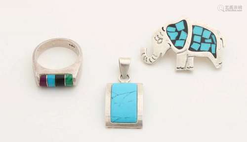 Three silver jewelry with turquoise. A rectangular pendant with a rectangular spherical turquoise, a