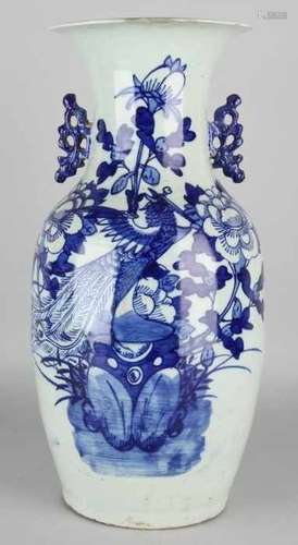 Large antique Chinese porcelain vase with bird of paradise and floral decor. Circa 1900. Two chips