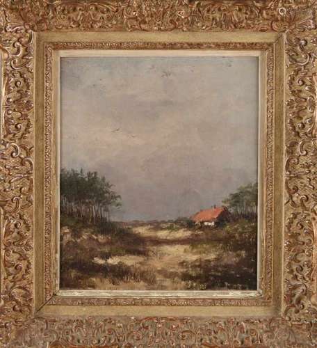 Unsigned. Circa 1900. Dutch School. House on Veluwe heath. Oil paint on linen. Size: 30 x 36 cm.