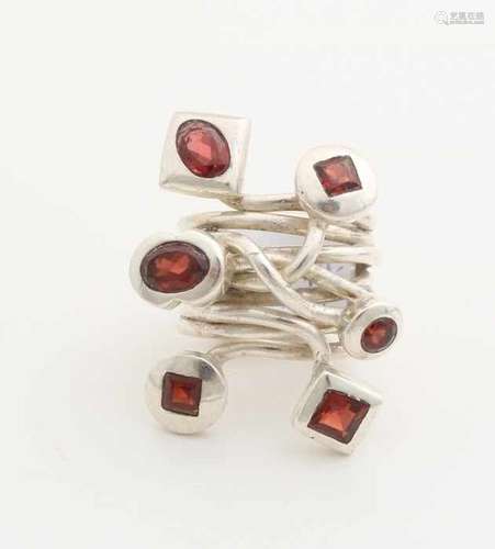 Silver ring, 925/000, with stones. Silver ring from wrapped wire with square, round and oval