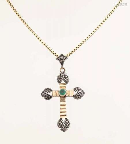 Yellow gold necklace with cross, 585/000, with silver and emerald. Gold venetian necklace with a