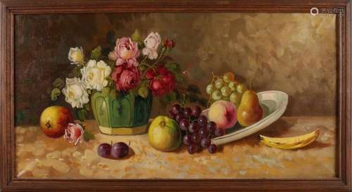 Unsigned. Circa 1900. Still life with ginger pot and fruit. Oil paint on linen. Size: 40 x 80 cm. In