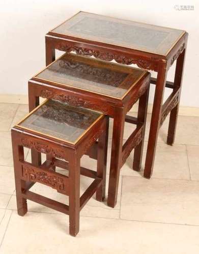 Three-piece Chinese wood-stained red-lacquered mini set with wood-stained tableaux under glass tops.