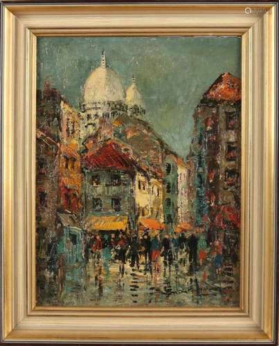 Simon Kramer. Paris' cityscape with figures. Oil paint on linen. Size: 39 x 30 cm. In good