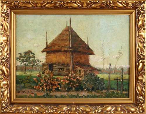 JC Roelandse. Circa 1920. Landscape with hay barn. Oil paint on panel. Size: 30 x 38 cm. In good