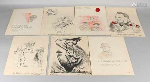 Lot of seven drawings WW II. Monogram JvG. Consisting of: Sketches, caricatures with spells. Size: