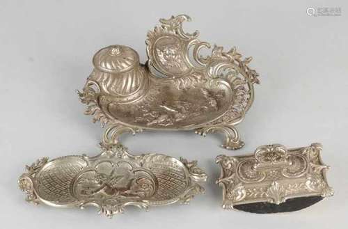 Three-piece German antique plated brass historicism desk ink set with figures, putti etc. Circa