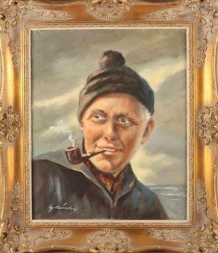 Unclear signed. German school. Circa: 1970. North German fisherman. Oil paint on linen. Size: 40 x