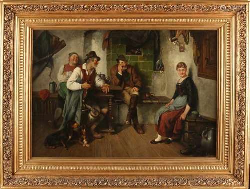 L. Buchner. Circa 1880. German School. Southern German interior with figures. Oil paint on linen.