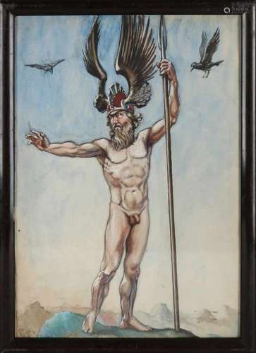 Unsigned. Circa 1910. Hermes with lamb and crows. Watercolor on paper. Size: 46 x 32 cm. In good