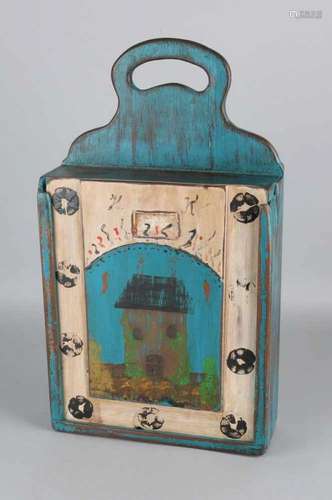 Old Dutch school bag of wood with slide and painting. 20th century. Size: 44 x 26 x 11 cm. In good