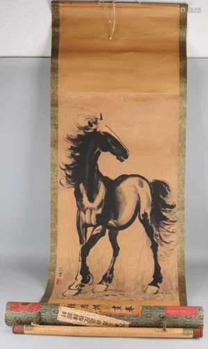 Ancient Chinese scroll painting. Horse. In original case. 20th century. Signed. Size: 150 x 60 cm.