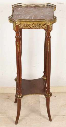 19th Century French walnut flower table with gilt brass decorations and brown marble top. Size: 83 x