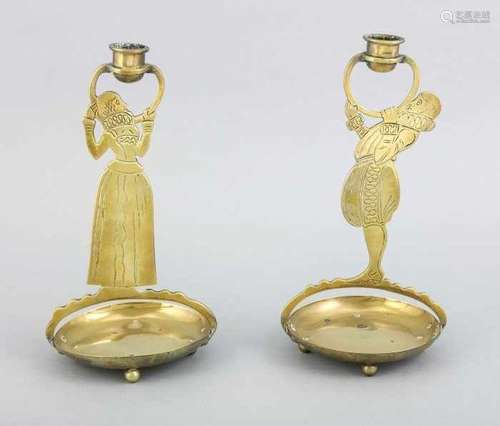 Two antique brass art nouveau candle candlesticks. Edelman + noblewoman. Circa 1915. Size: 27 x 14