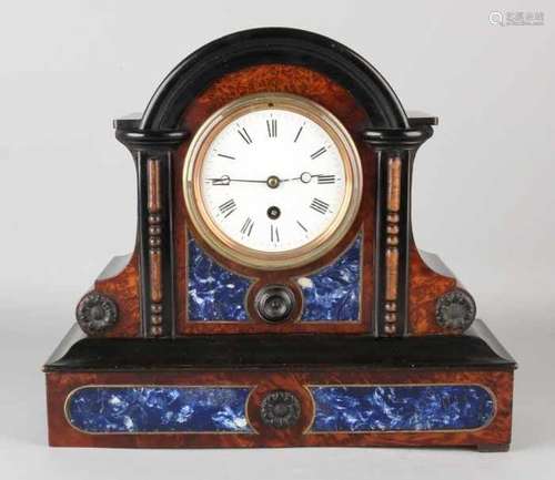 Antique French walnut table clock with blue material glued. Quiet movement. Size: 28 x 32 x 14 cm.