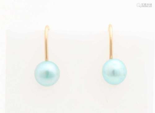 Yellow gold ear screws, 585/000, with blue freshwater pearl, ø 6 mm. about 1.4 grams. In good