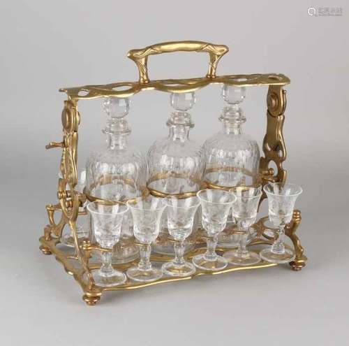 Rare antique Jugendstil brass tantalus, complete with twelve liqueur glasses and three crystal