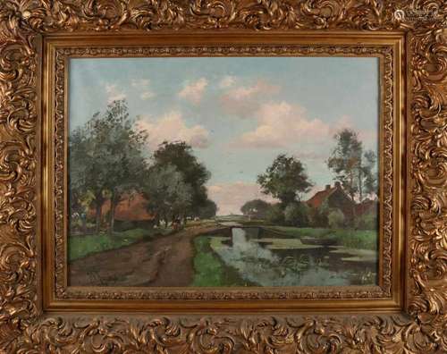 HM Horrix. 1845-1923. Farm on stream with cattle. Oil paint on linen. Size: 67 x 50 cm. In good