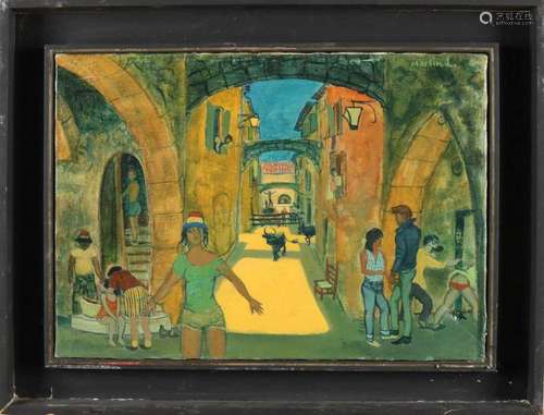 Martinik? + Monogram. Spanish School. Petite enciero gratuite. Village view Spain with figures.