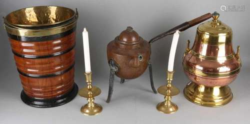 Five times old / antique copper work. Consisting of: Two collar candlesticks, 20th century. One