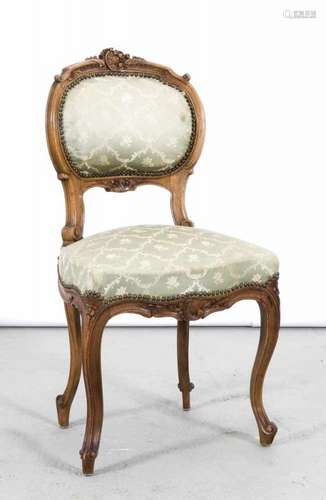 19th Century walnut Rococo-style chair with floral carving and good upholstery. Dimensions: 89 x