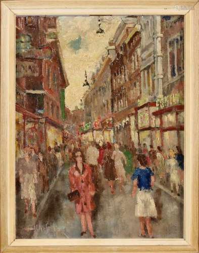 Unclear. Circa 1950. Dutch School. Kalverstraat Amsterdam? Oil paint on linen. Size: 30 x 40 cm.