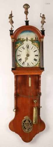 Antique Dutch oak Frisian tail clock with alarm function. Wooden dolls. First half of the 19th